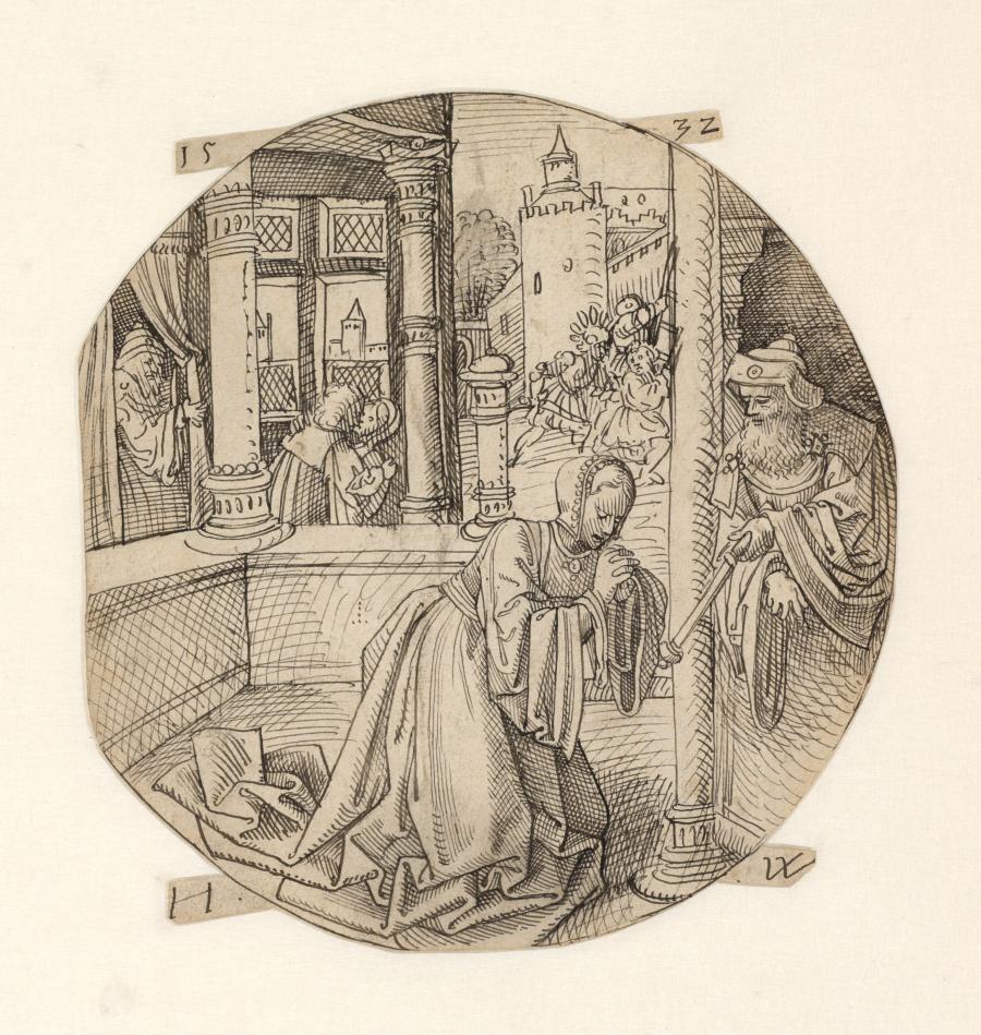 Scenes from the Old Testament: (possibly) Abimelech Spying on Isaac and Rebecca (Gen. 26: 8), Rebecca Before Abimelech and The Death of Abimelech (Judges  9: 54)