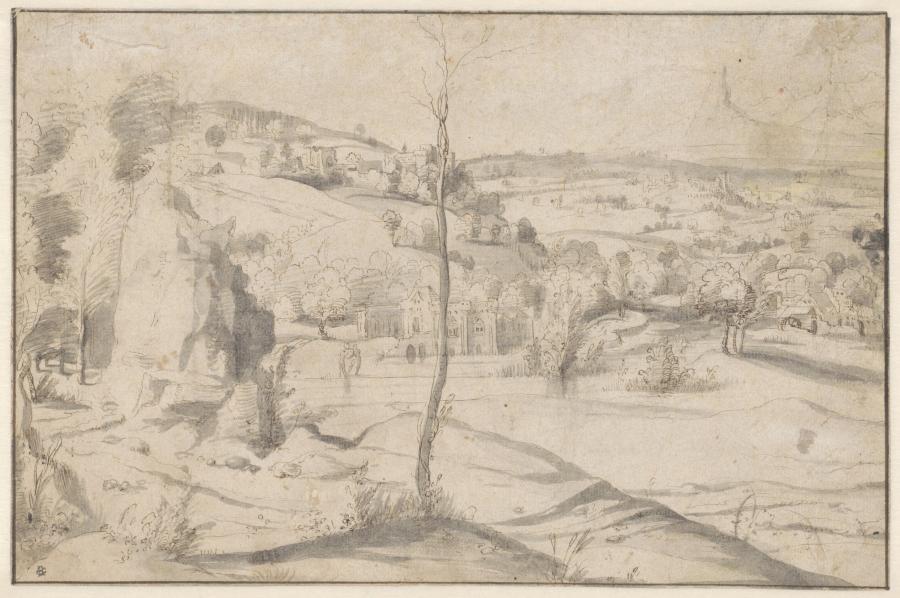 Heuvellandschap met een kasteel aan het water