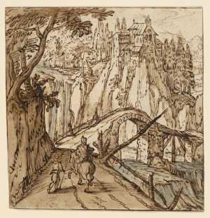 rivierlandschap-met-boogbrug-en-ruiter