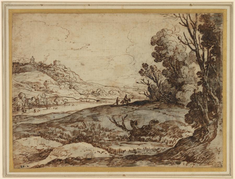 Heuvellandschap met ruiter en wandelaar