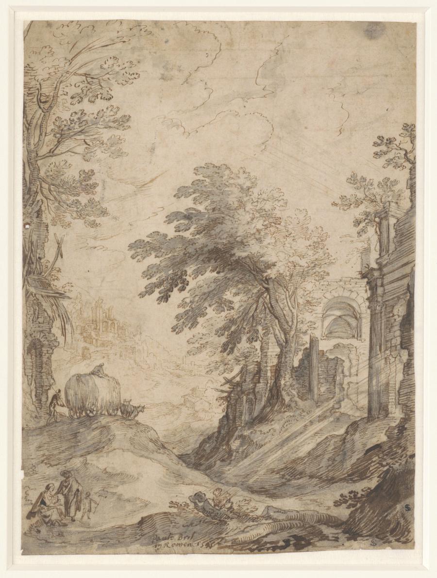 Landschap met ruïnes en een hooiwagen