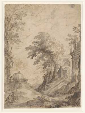 landschap-met-ruines-en-een-hooiwagen
