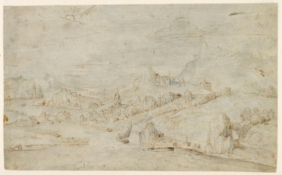 Rotsachtig landschap met stad aan een rivier