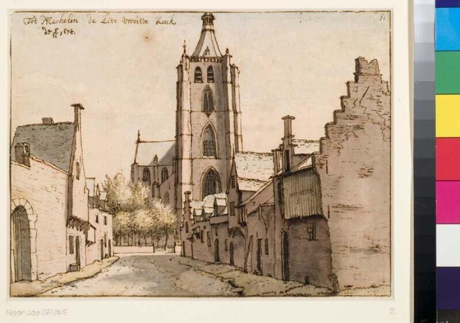 Straat te Mechelen (huidige Milsenstraat) met de Onze-Lieve-Vrouw-over-de-Dijlekerk