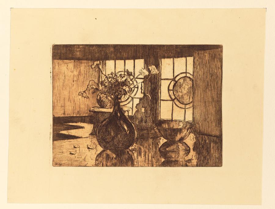 Still Life with Bowl and Vase with Flowers near a Window