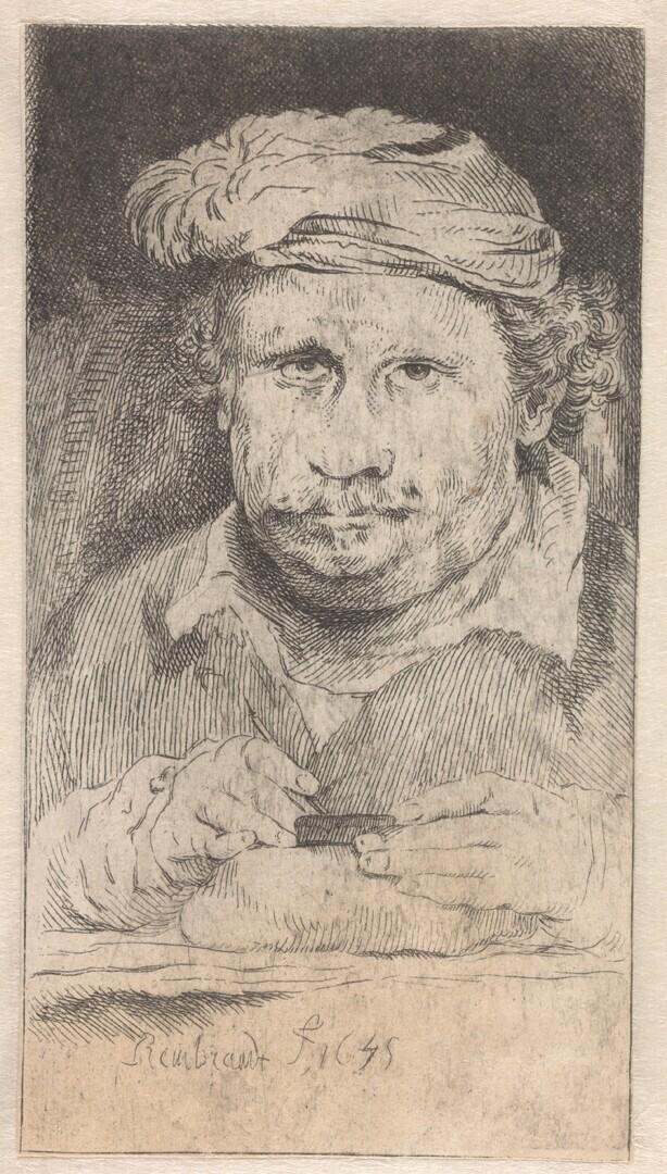 Zelfportret van Rembrandt, tekenend op een etsplaat