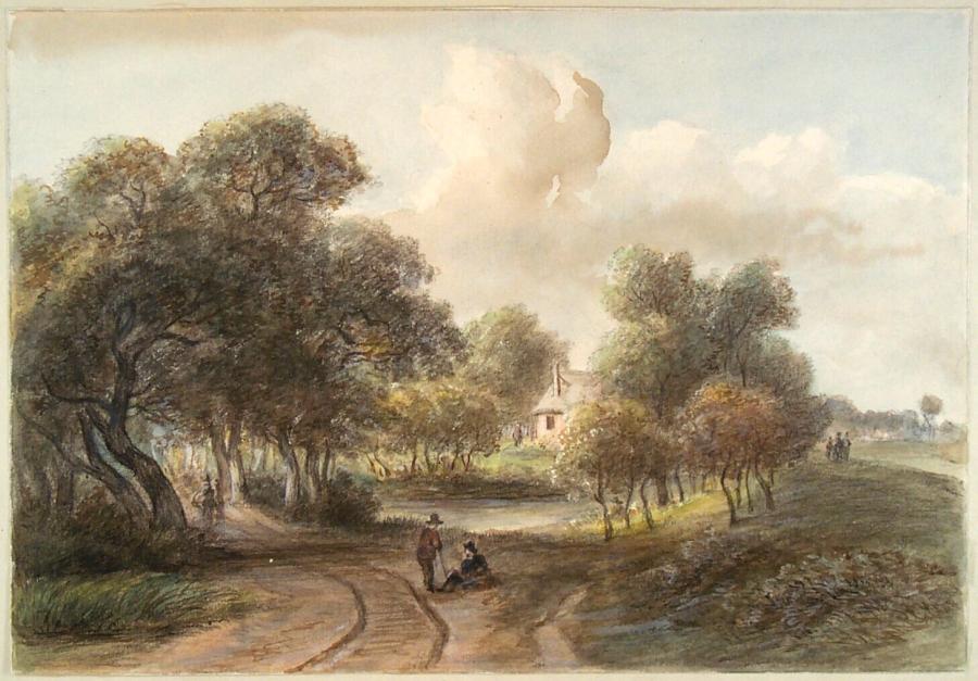 Boslandschap met figuren en huis