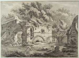 two-sheep-dog-and-woman-near-ruins