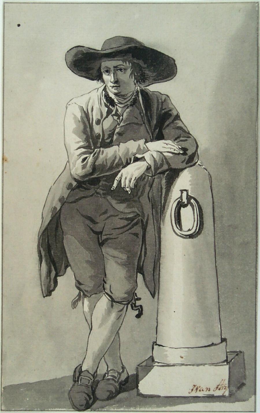 Man with Broad-Brimmed Hat Leaning Against a Stone Pole