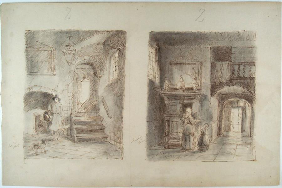 Two Sketches of an Interior with a Man and a Dog, and of a Woman with a Child