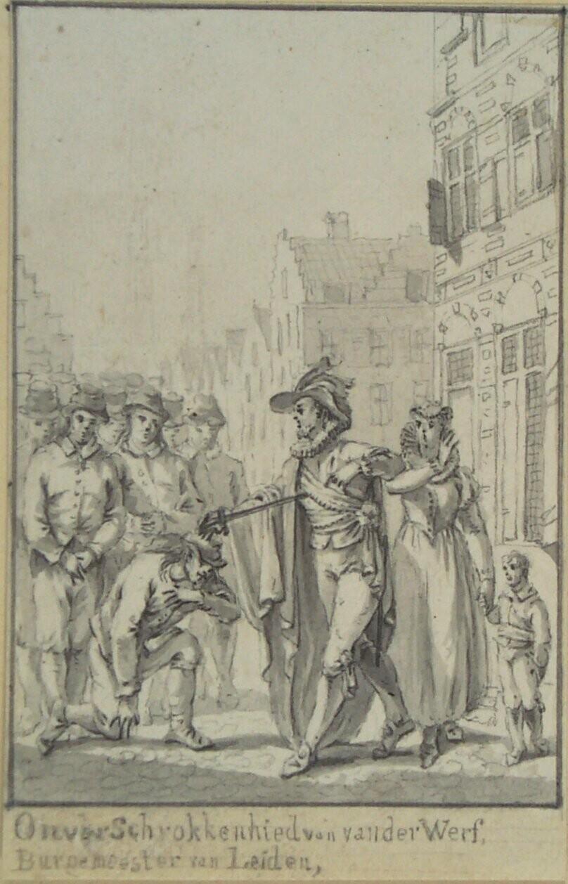 Fearlessness of Van der Werff, Burgomaster of Leiden (Design for a book illustration for Jacobus Kok's Vaderlandsch Woordenboek)
