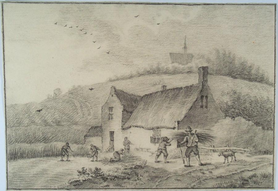 Farmhouse with Peasants Reaping and a Church on the Hills