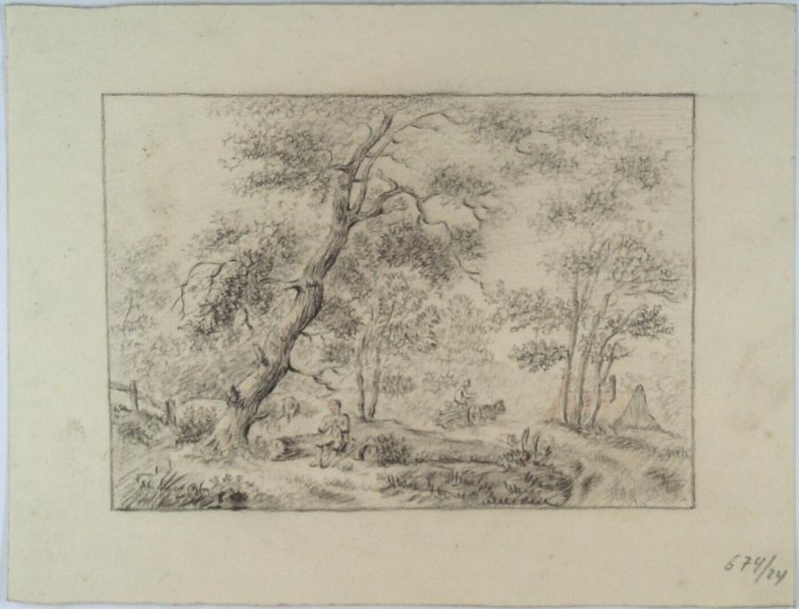 Wooded Landscape with a Seated Figure and a Horse-Drawn Cart in the Distance