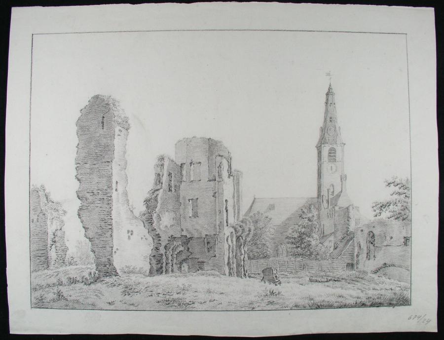 Ruins of Rijnsburg with the Church, Seen from the North
