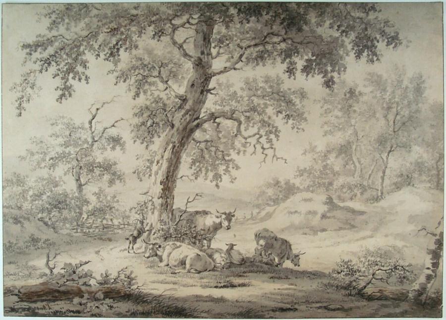 Landscape with Cows, a Woman Milking, Sheep and a Goat beneath a Tree