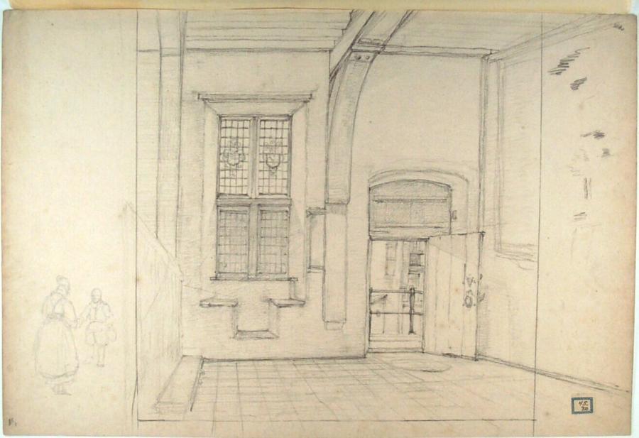 Interieur met doorkijk naar een straat en twee figuurstudies