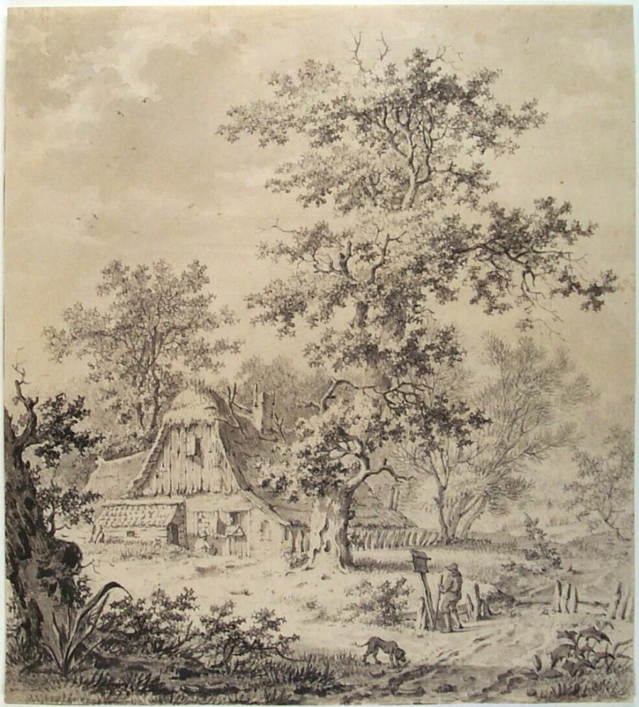 Cottage in a Wooded Landscape with a Figure and a Dog