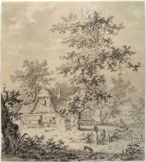 cottage-in-a-wooded-landscape-with-a-figure-and-a-dog