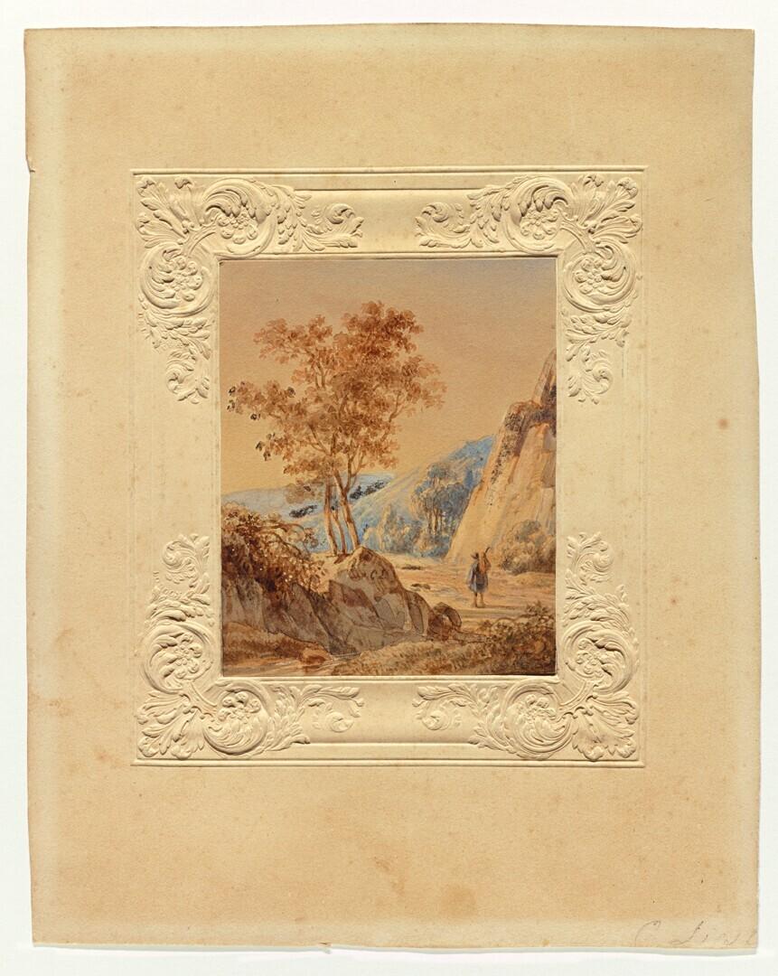 Mountain landscape with a hiker carrying a knapsack