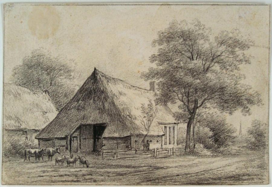 Boerderij van Jan Oosting te Eext met de kerktoren van Gieten in het verschiet (provincie Drenthe)