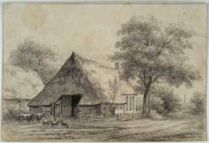 boerderij-van-jan-oosting-te-eext-met-de-kerktoren-van-gieten-in-het-verschiet-provincie-drenthe