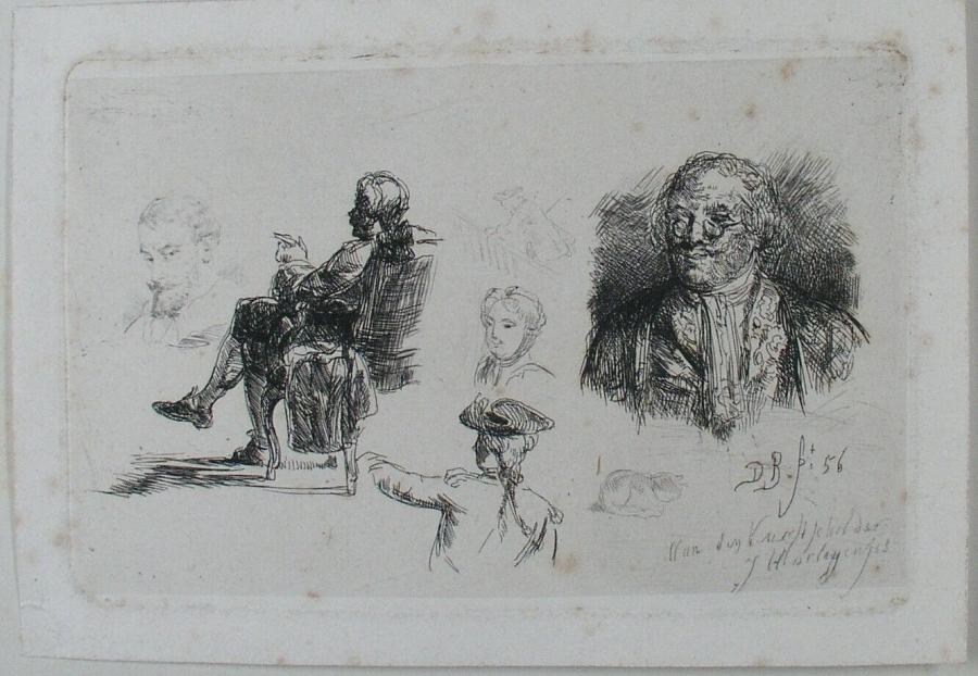 Study Sheet with Five Male Portraits, a Female Portrait and a Cat