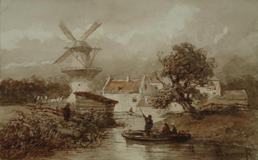 Mill and houses on water