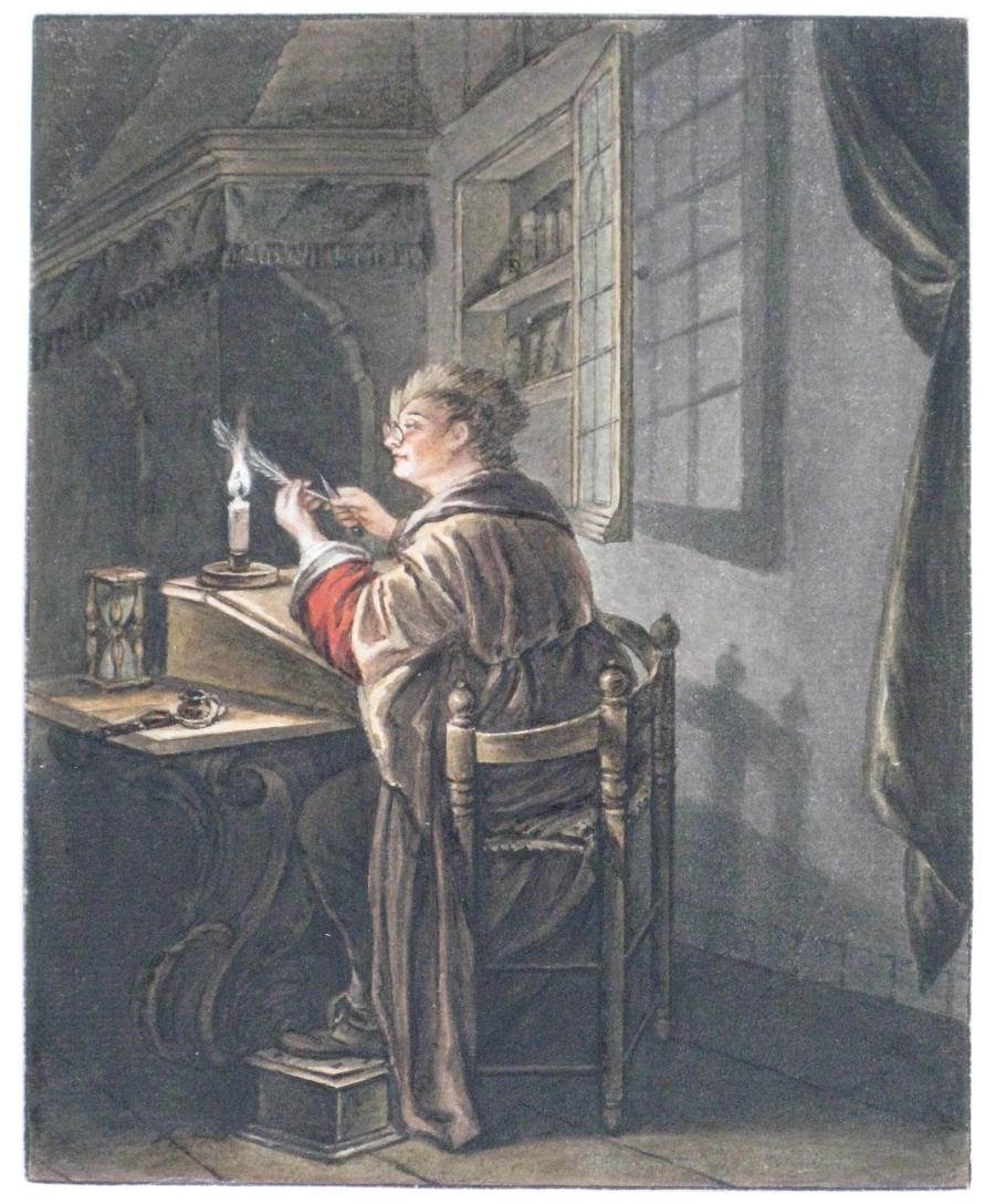 Man seated in a dark interior to a lectern, a feather-edged