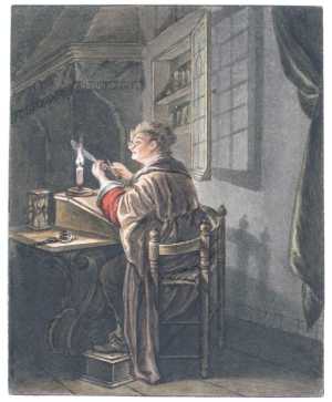 man-seated-in-a-dark-interior-to-a-lectern-a-feather-edged