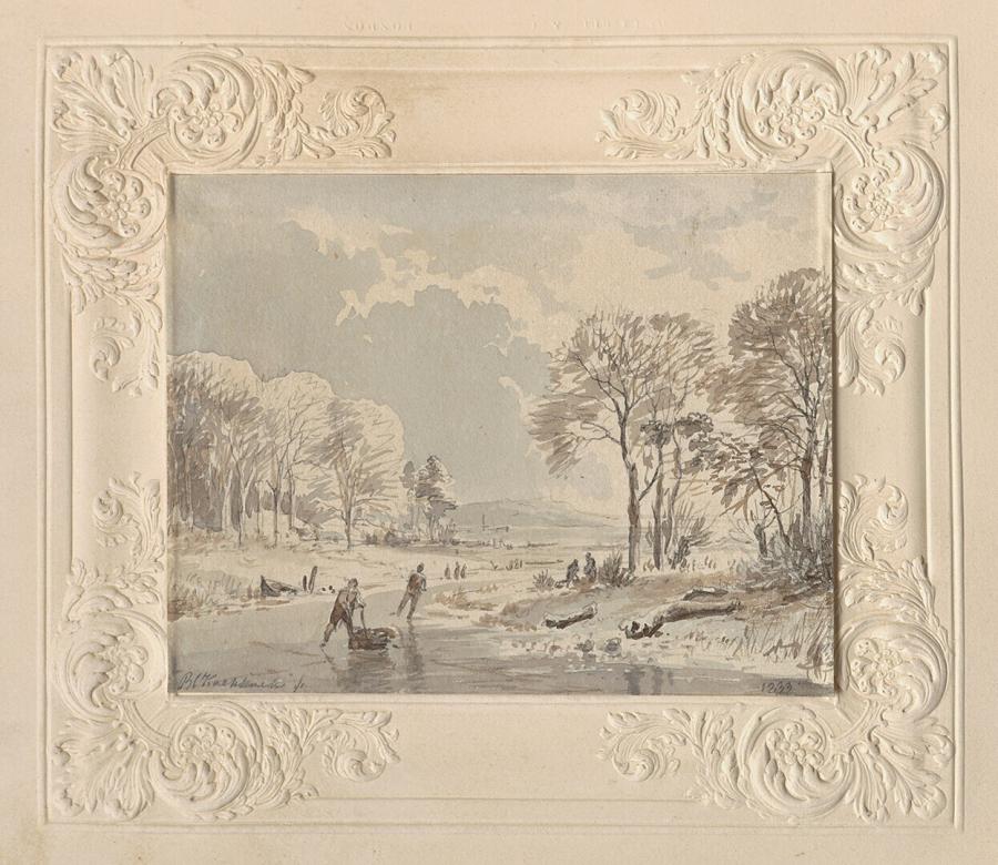 Winter Landscape with Skaters on a River between Trees