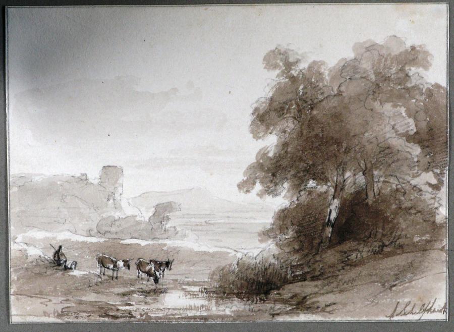 Wooded River Landscape with a Shepherd and Three Cows