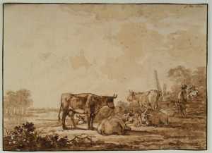 landschap-met-kudde-koeien-aan-de-oever-van-een-rivier-twee-herders-converserend-aan-een-hek