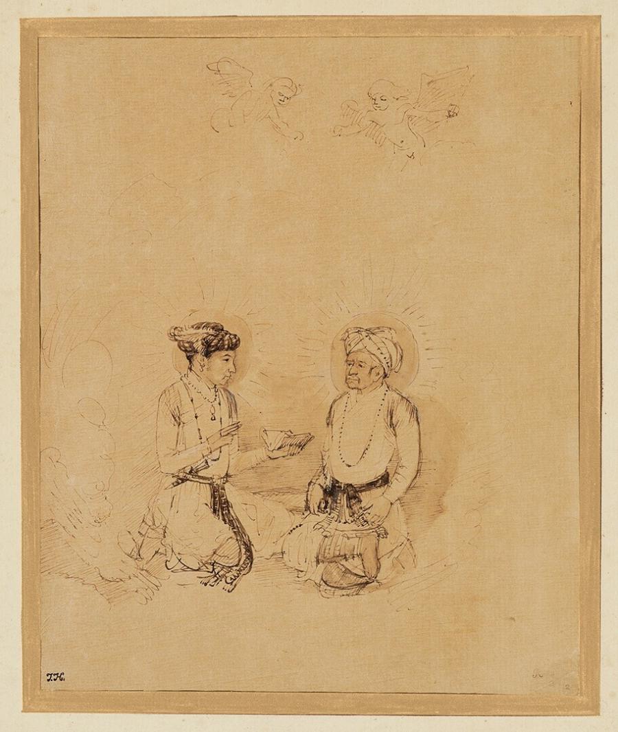 The Emperor Akbar and Jahangir in Apotheosis, after a Mughal Miniature