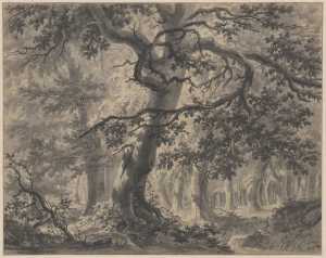 bosgezicht-met-hoge-bomen-en-figuren-bij-een-beek