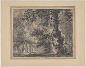 bosgezicht-met-hoge-bomen-en-figuren-op-een-pad