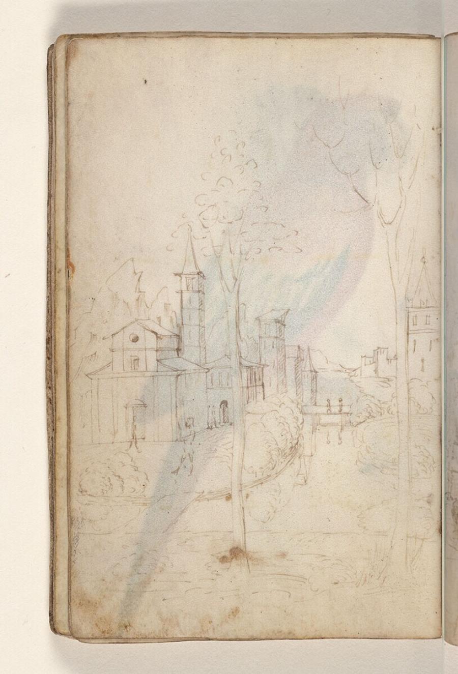 Folio uit een tekeningenboek: klassieke gebouwen bij een brug over het water, daarachter een ommuurde stad