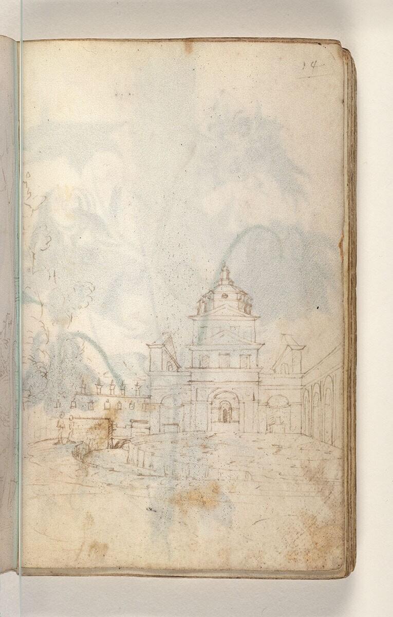 Folio uit een tekeningenboek: klassiek gebouw met voorplein