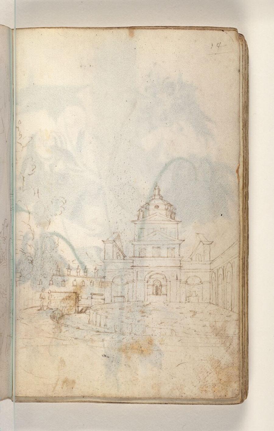 Folio uit een tekeningenboek: klassiek gebouw met voorplein