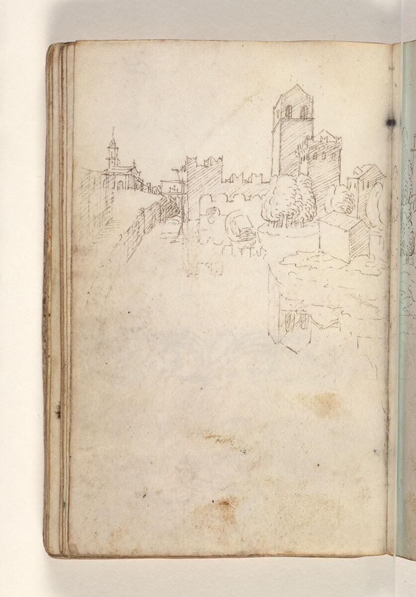 Folio uit een tekeningenboek: kasteel met een gracht, een kerk in de achtergrond