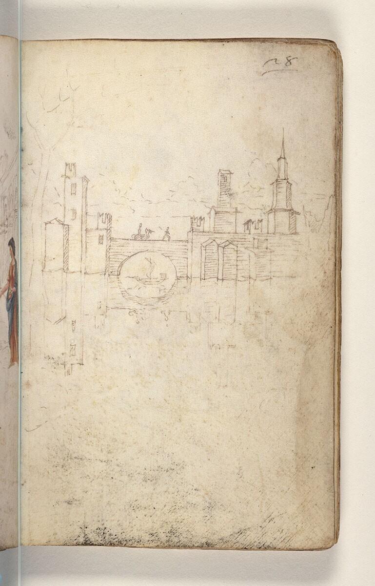 Folio from a Drawing Book: fortification with figures crossing a bridge over the moat
