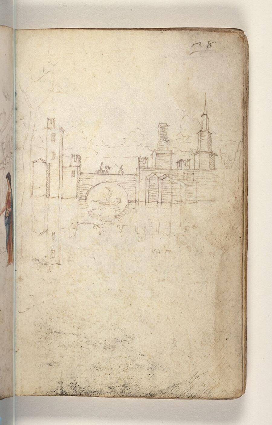 Folio uit een tekeningenboek: fort met figuren op een brug over de slotgracht