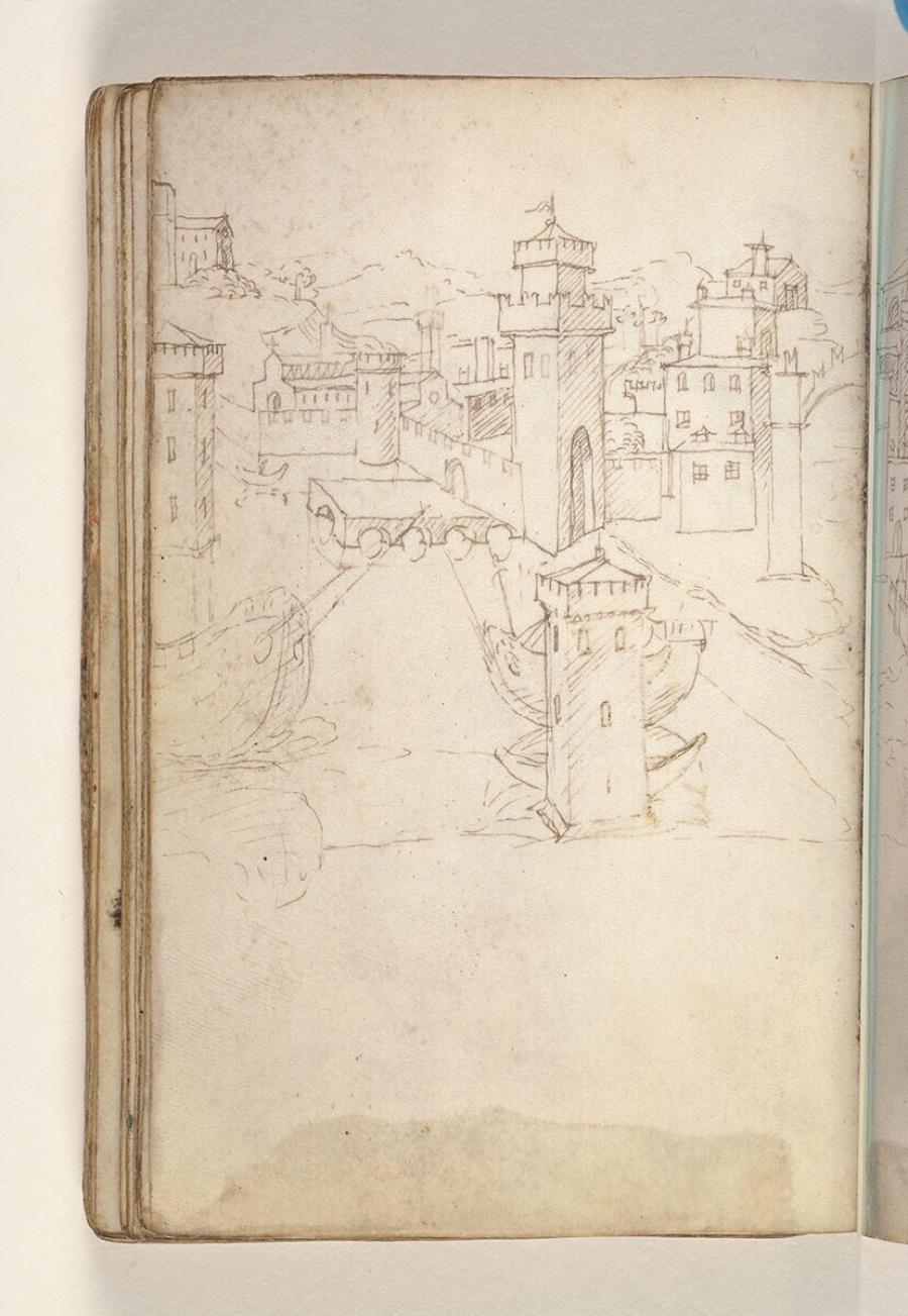 Folio uit een tekeningenboek: versterkte stad aan zee, bergen in de achtergrond