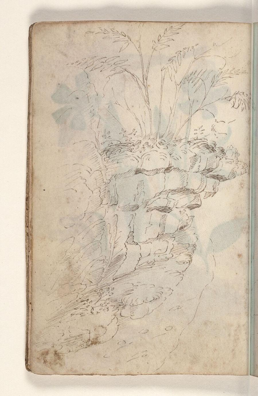 Folio uit een tekeningenboek: rots met planten of bomen en een beekje