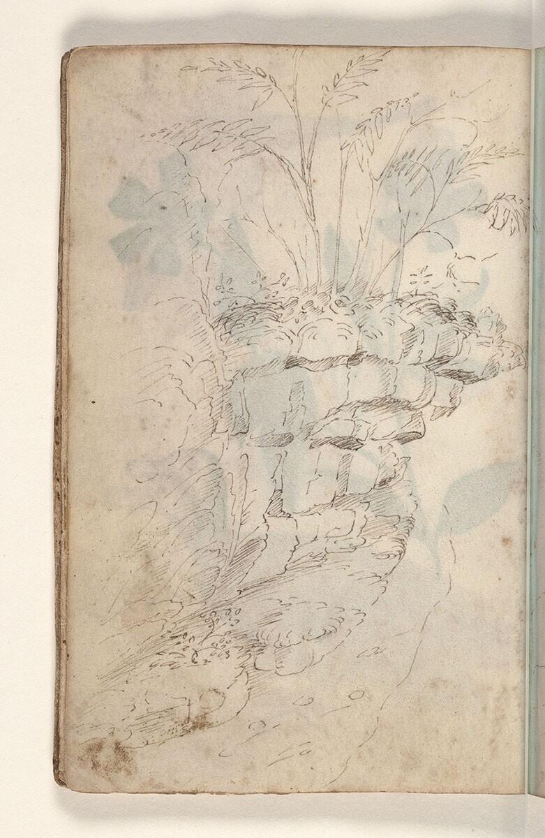 Folio uit een tekeningenboek: rots met planten of bomen en een beekje