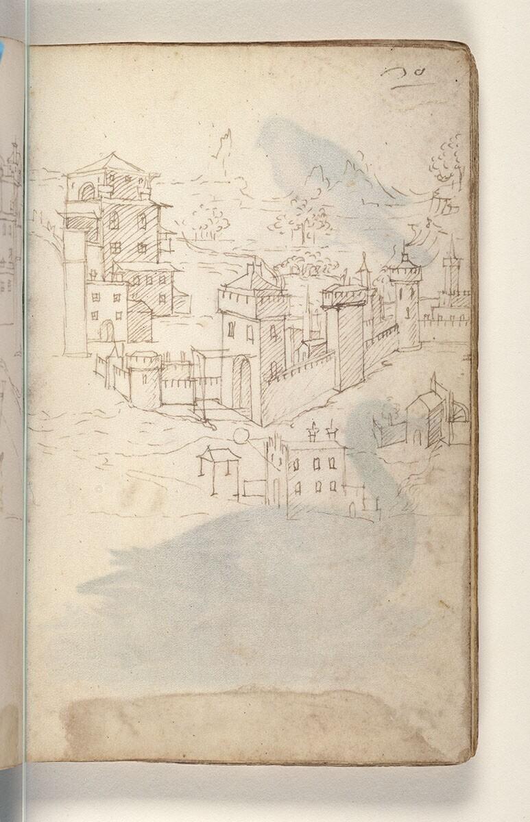Folio uit een tekeningenboek: versterkte stad aan zee, bergen in de achtergrond