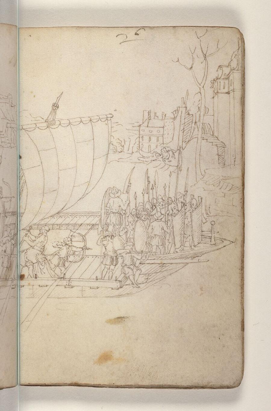 Folio uit een tekeningenboek: galei met soldaten bij een versterkte stad
