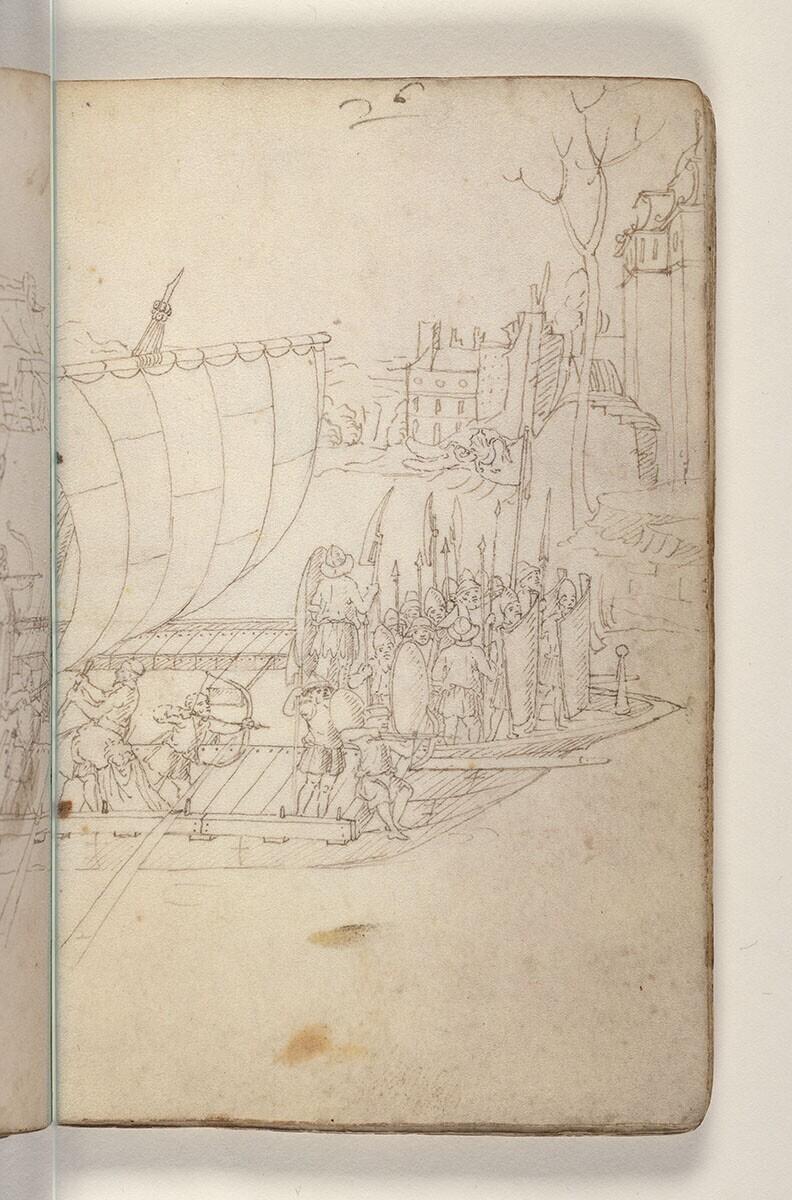 Folio uit een tekeningenboek: galei met soldaten bij een versterkte stad