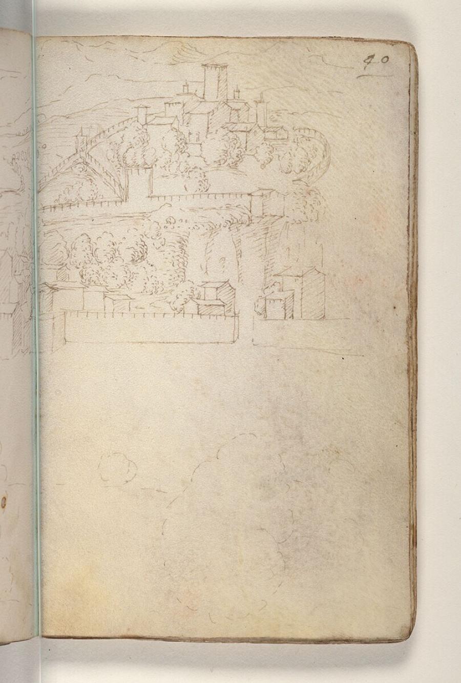 Folio uit een tekeningenboek: versterkte stad in heuvelachtig landschap