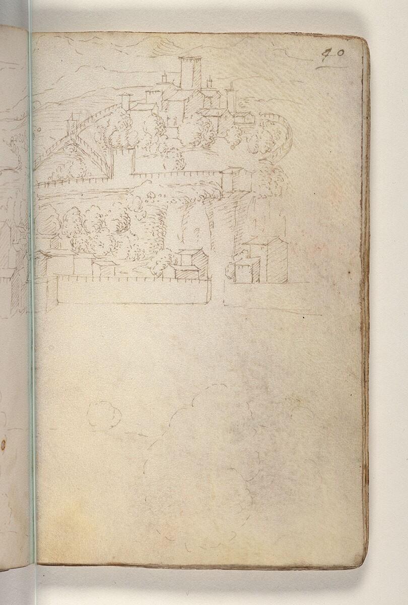 Folio uit een tekeningenboek: versterkte stad in heuvelachtig landschap
