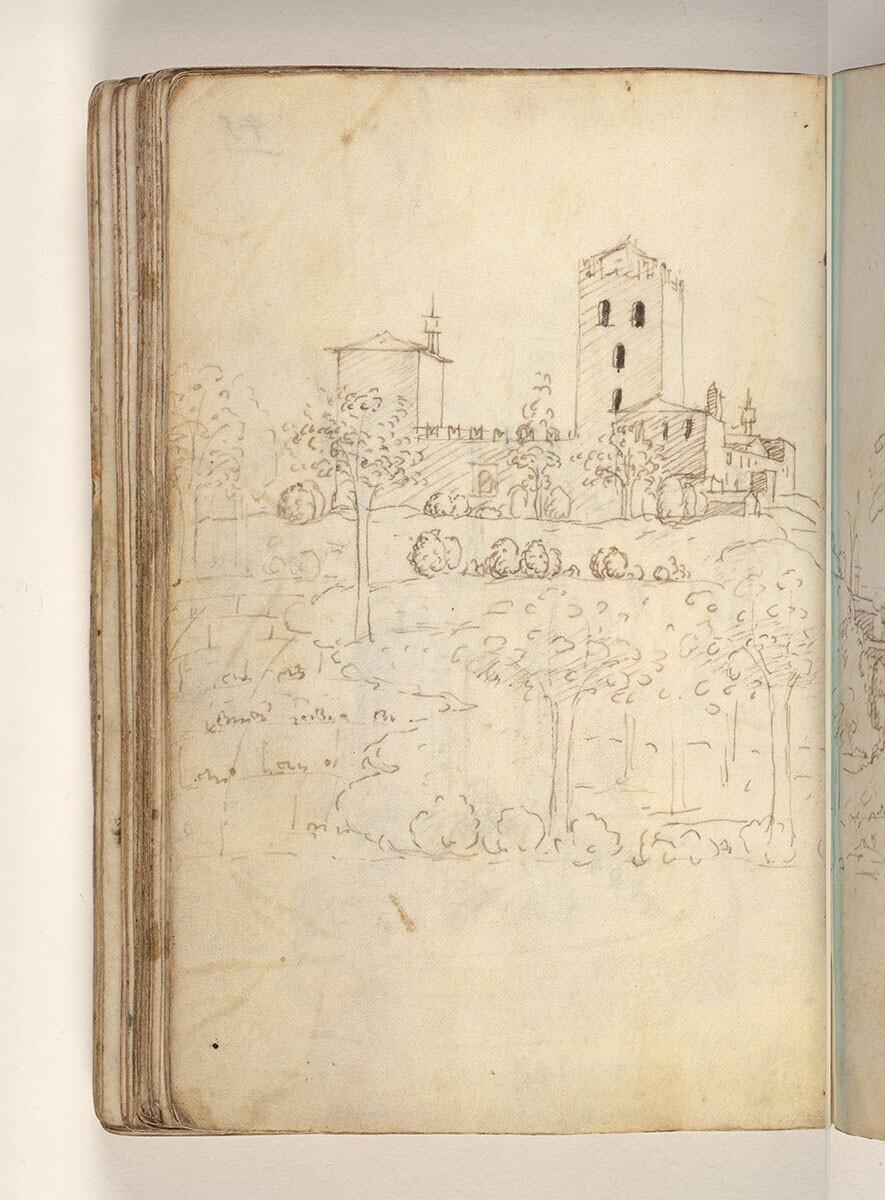 Folio uit een tekeningenboek: landschap met een fortificatie op een heuvel